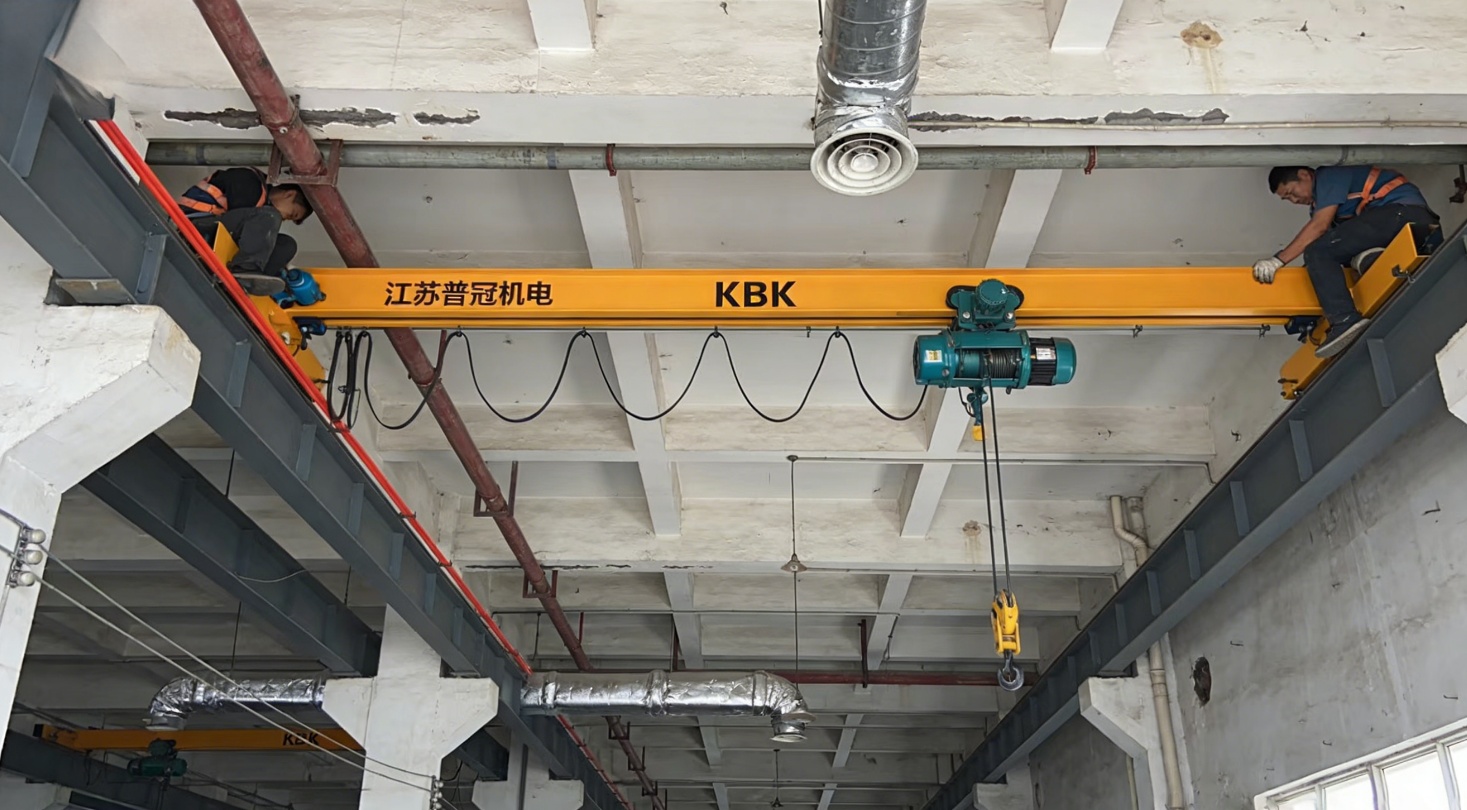 老旧厂房层高不足4米,江苏普冠机电KBK起重机低净空悬挂式安装方案,吊点间距1.5米,避开原有管线 老旧厂房层高不足4米,江苏普冠机电KBK起重机低净空悬挂式安装方案,吊点间距1.5米,避开原有管线