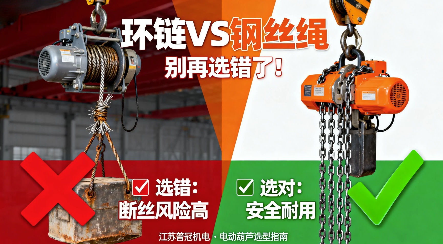 电动葫芦选型 环链VS钢丝绳对比 错误选型与正确选型 江苏普冠机电 电动葫芦选型 环链VS钢丝绳对比 错误选型与正确选型 江苏普冠机电