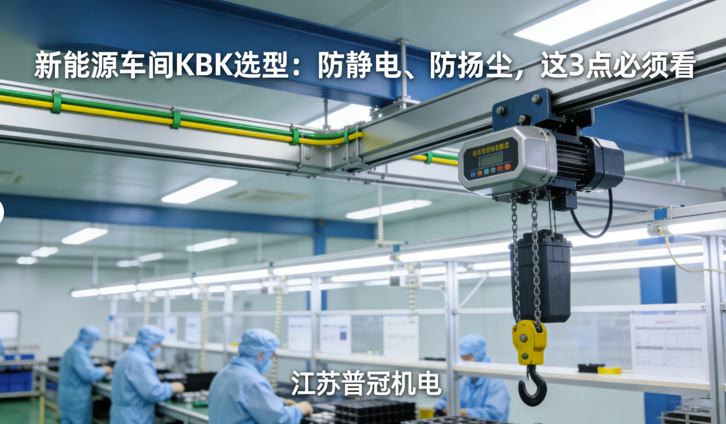新能源车间KBK防静电防扬尘选型封面图 铝合金轨道接地 全封闭链条盒 江苏普冠机电 新能源车间KBK防静电防扬尘选型封面图 铝合金轨道接地 全封闭链条盒 江苏普冠机电