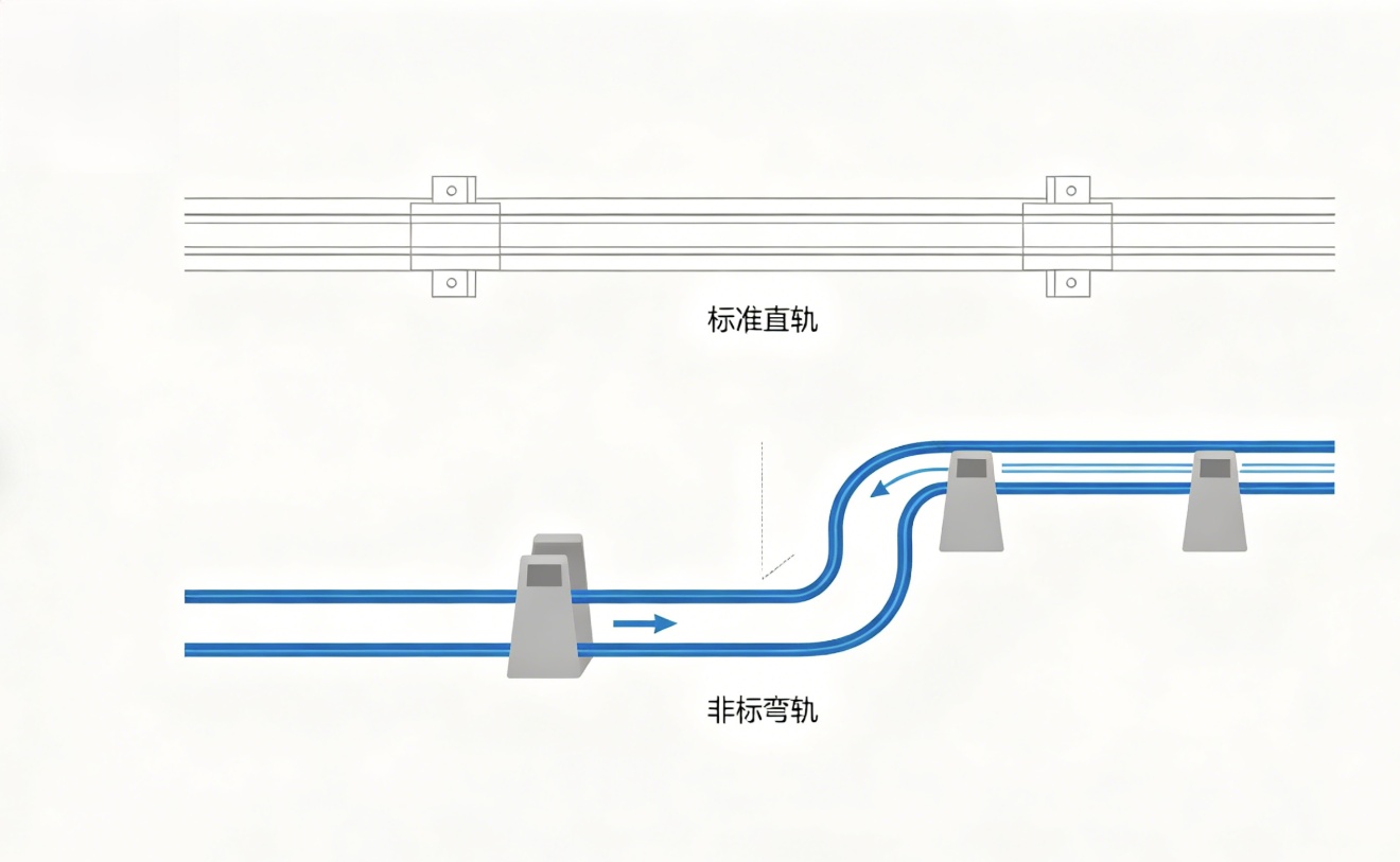 标准直轨与非标弯轨走向对比图,展示绕行障碍物 标准直轨与非标弯轨走向对比图,展示绕行障碍物