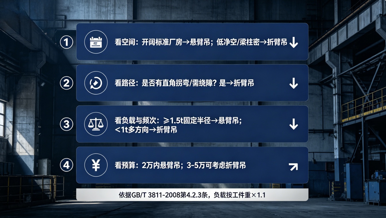 折臂吊悬臂吊选型四步决策流程图 折臂吊悬臂吊选型四步决策流程图