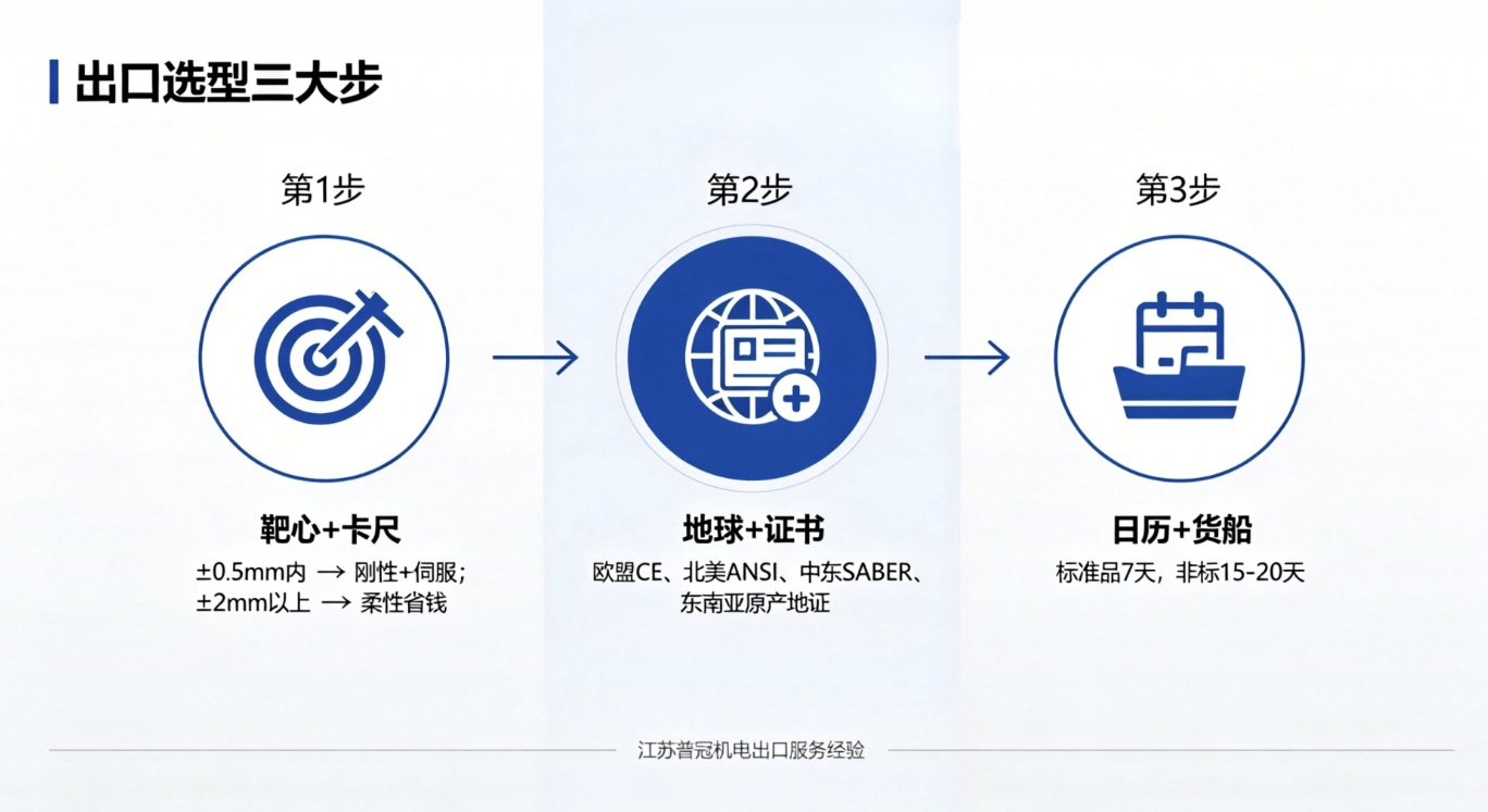 KBK出口选型三步法:定精度备认证算交期示意图 KBK出口选型三步法:定精度备认证算交期示意图