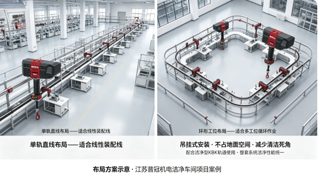 洁净车间智能提升机单轨与环形两种布局示意图 洁净车间智能提升机单轨与环形两种布局示意图