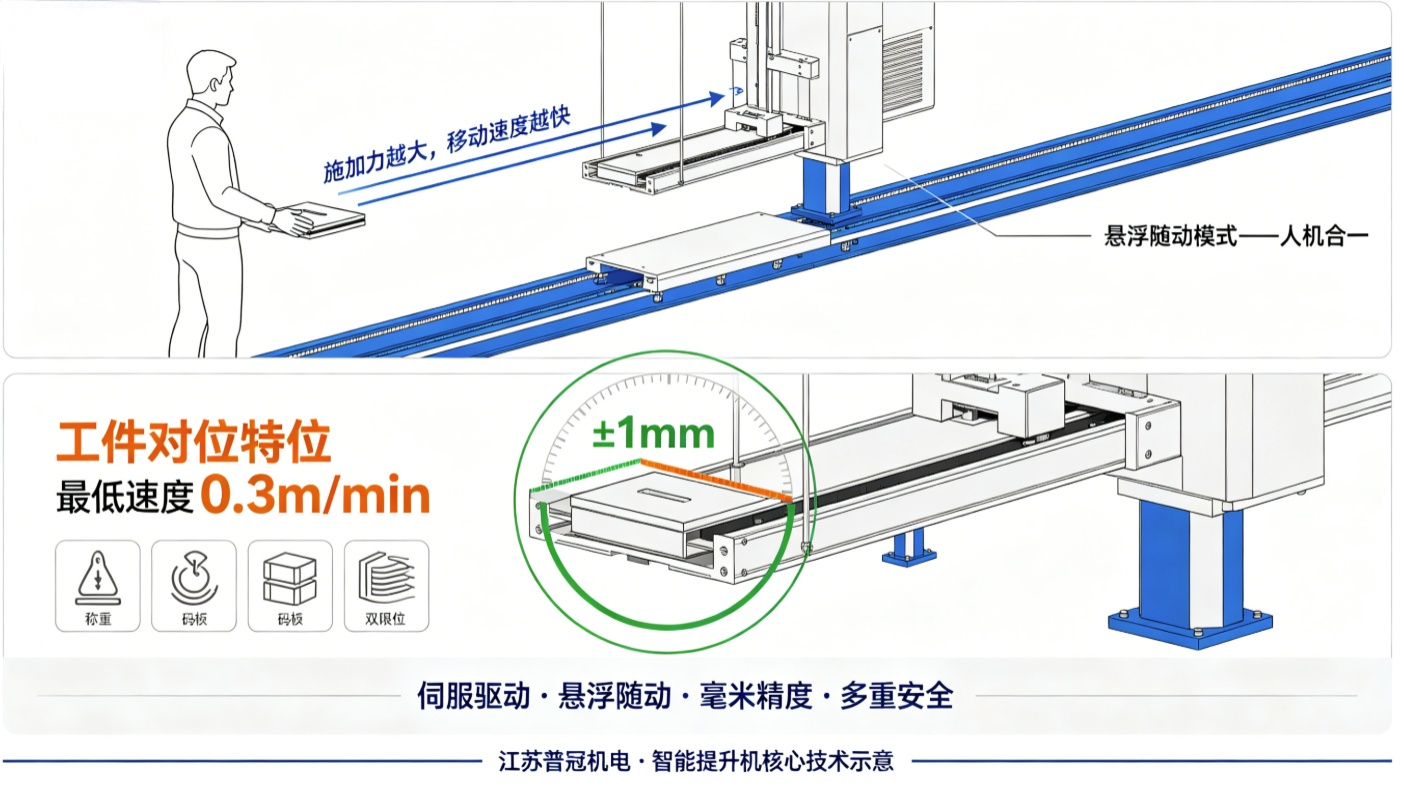 智能提升机悬浮随动与毫米级精度示意图 智能提升机悬浮随动与毫米级精度示意图