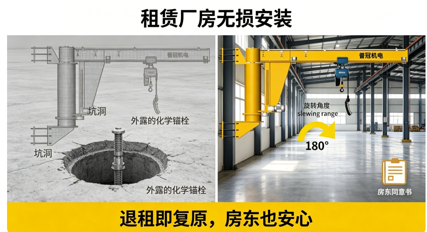 租赁厂房不让动地面？墙壁式悬臂吊“无损安装”全流程，退租前直接复原！